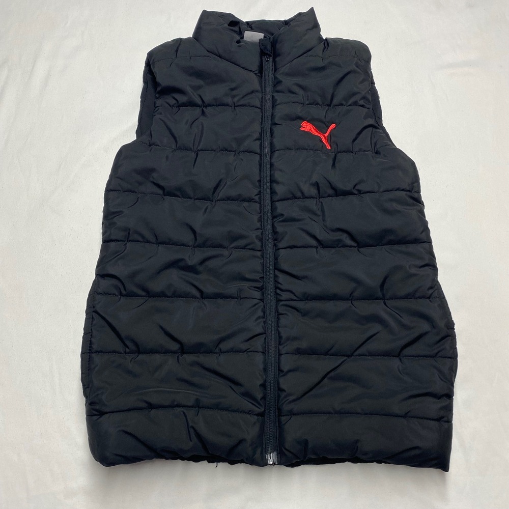 Puma Boys Black Puffer Vest Red Logo Quilted Zip Up Jacket Size M 10-12 A0340819